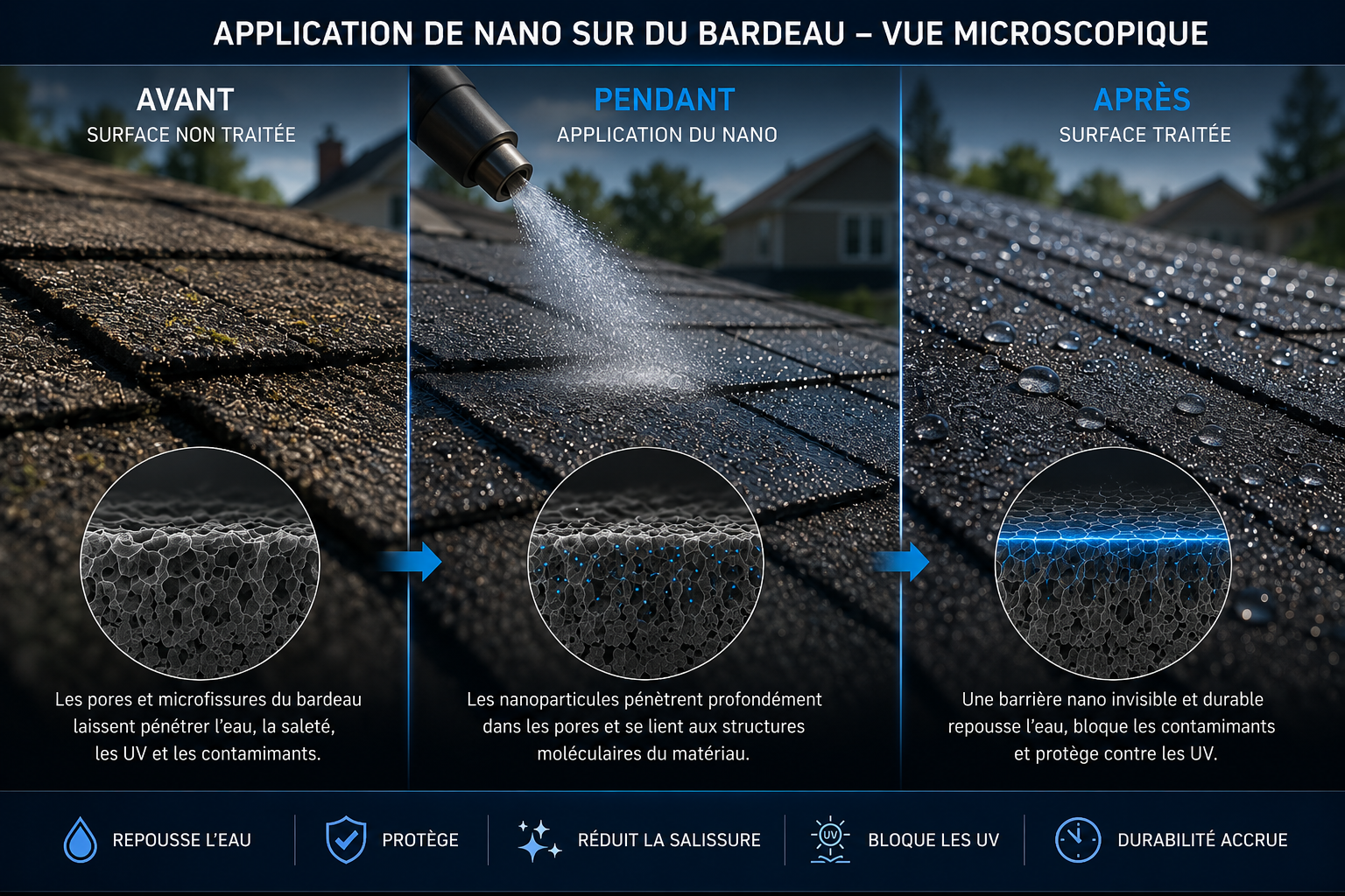 Application de nano sur du bardeau — vue microscopique avant, pendant et après traitement